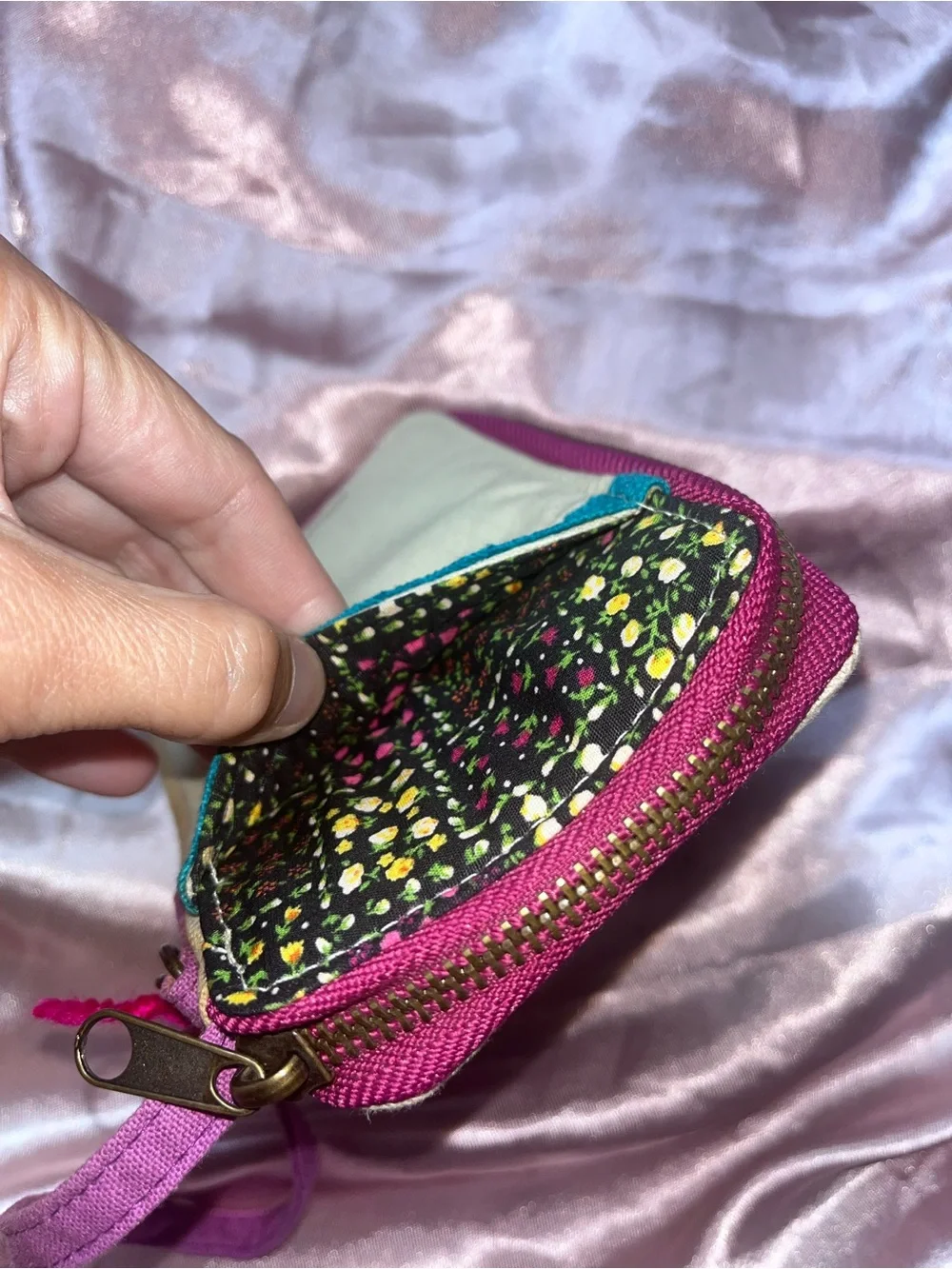 NATURAL LIFE Canvas Wristlet with Purple Strap and Pink Stitching
